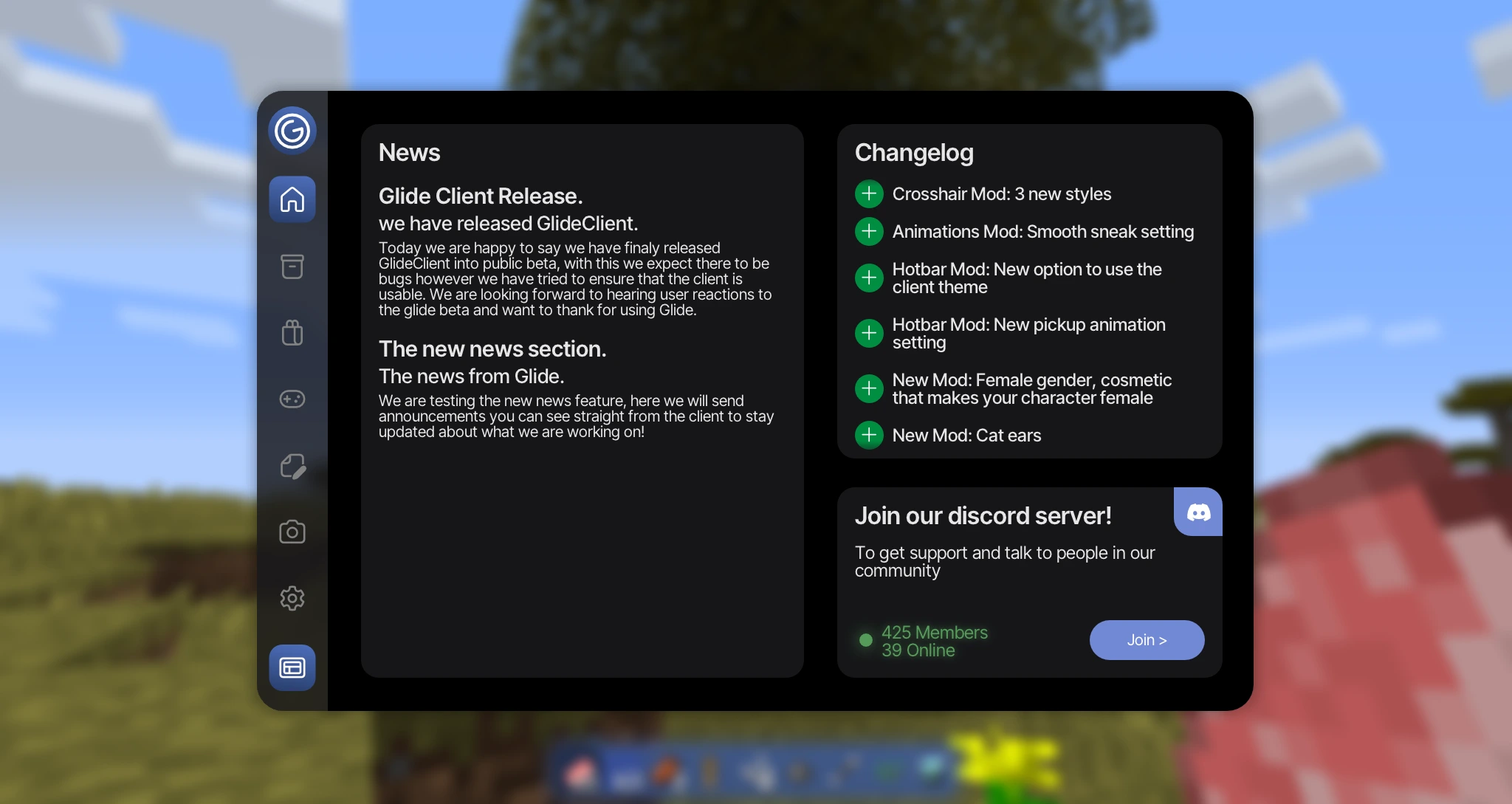 GlideClient mod menu home page